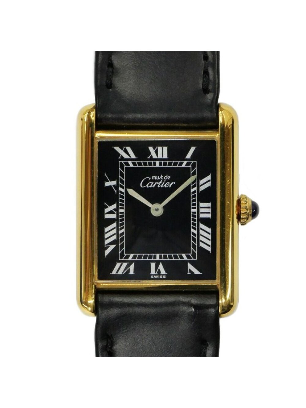 Cartier Must Tank LM Black Dial 925 Leather Vintage Manual Wind Watch